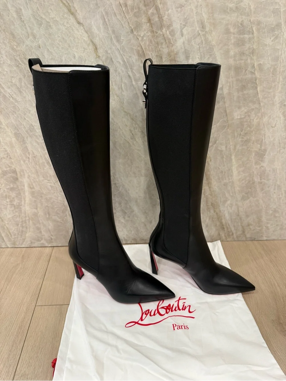 Christian Louboutin Black Over-the-Knee Pointed-Toe Stiletto Boots with Red Sole